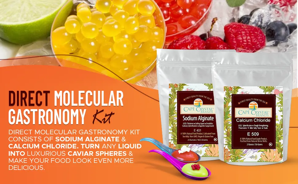 Cape Crystal Direct Spherification Value Kit  Sodium Alginate Combined with Calcium Chloride  Practice Molecular Gastronomy, Ingredients are Vegan, Non-GMO and Kosher Certified 4-Oz. - Direct Molecular Gastronomy