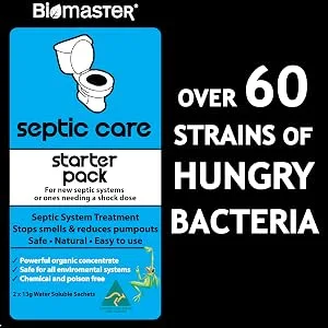 Septic Care Starter Pack Septic Tank Treatment, Stops Odors, Clears Drain Fields (100% Natural Concentrate, 2 Water Soluble Sachets) - high count bacteria enzymes