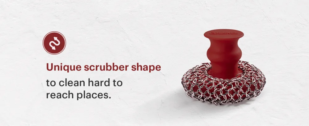 Cast Iron Chainmail Scrubber + Pan Scraper - Deluxe Ergonomic Stainless and Silicone Cleaner for Pots and Skillets - Food-Safe Design - Easy to Clean Dishwasher Safe Cookware Sponge Kitchen Accessory - Unique Shape