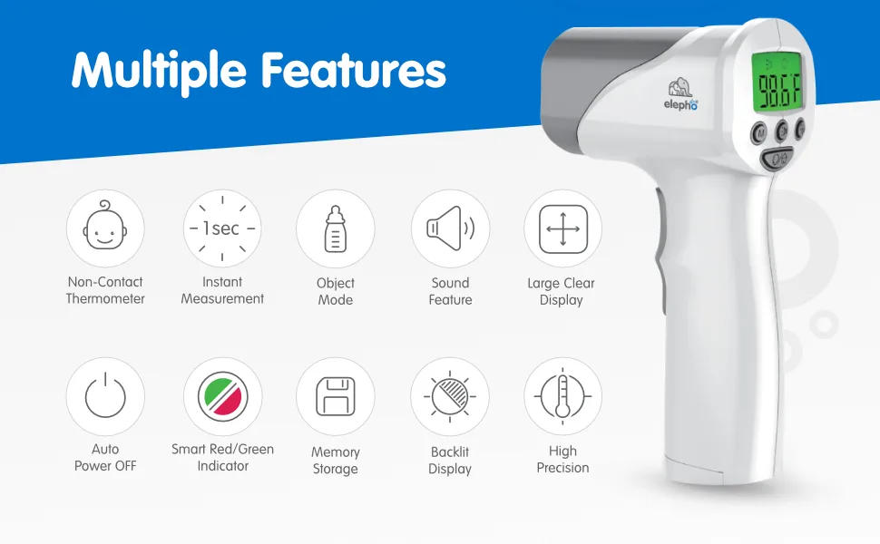 Elepho eTherm Pro Medical Quality Non-Contact IR Forehead Thermometer for Family or Office Use. Instant Body, Object, or Liquid Readings. Large LCD Display. 32 Memory Readings - eTherm Pro Features