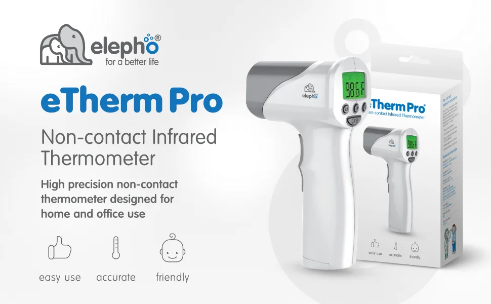 Elepho eTherm Pro Medical Quality Non-Contact IR Forehead Thermometer for Family or Office Use. Instant Body, Object, or Liquid Readings. Large LCD Display. 32 Memory Readings - eTherm Pro Non-contact Thermometer