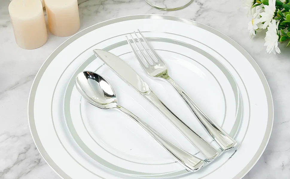FOCUSLINE 160 Plastic Silverware Set- Silver Plastic Cutlery Set- Plastic Flatware Set- 80 Forks, 40 Knives, 40 Spoons, Heavy Duty Disposable Utensils Set for Catering, Parties, Dinners, Weddings - Plastic silverware