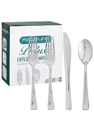 FOCUSLINE 160 Plastic Silverware Set- Silver Plastic Cutlery Set- Plastic Flatware Set- 80 Forks, 40 Knives, 40 Spoons, Heavy Duty Disposable Utensils Set for Catering, Parties, Dinners, Weddings - silver plastic silverware