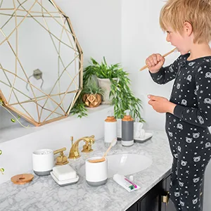 Full Circle Keep It Clean, Toothbrush Holder, Bamboo Accent, White - Holder, Container, Dispenser, Cotton Swab, Q Tip, Ceramic, Bathroom, Canister, Lid, Vanity, Storage