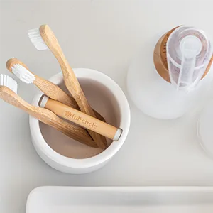 Full Circle Keep It Clean, Toothbrush Holder, Bamboo Accent, White - Holder, Container, Dispenser, Cotton Swab, Q Tip, Ceramic, Bathroom, Canister, Lid, Vanity, Storage