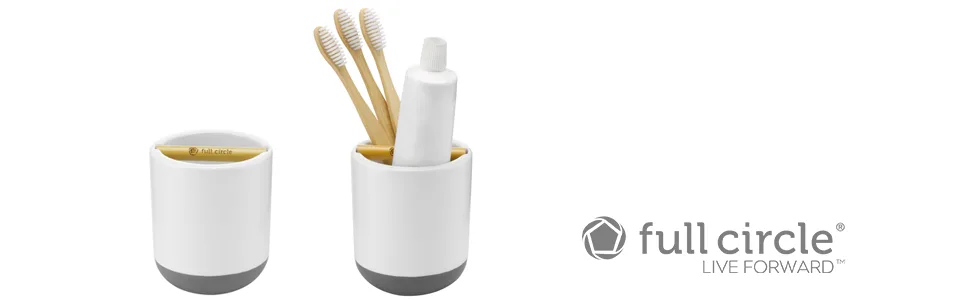 Full Circle Keep It Clean, Toothbrush Holder, Bamboo Accent, White - Holder, Container, Toothbrush, Toothpaste, Ceramic, Bathroom, Canister, Bamboo, Storage, Cup