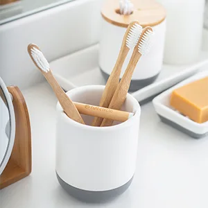 Full Circle Keep It Clean, Toothbrush Holder, Bamboo Accent, White - Holder, Container, Toothbrush, Toothpaste, Ceramic, Bathroom, Canister, Bamboo, Storage, Cup