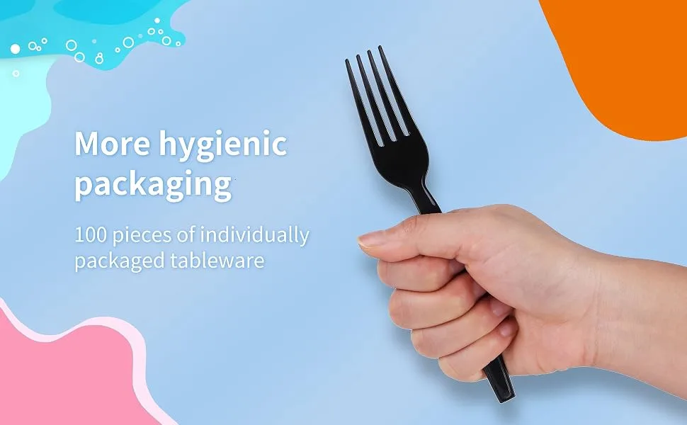 Laojbaba Plastic Fork Disposable Individually Packaged Forks Black 7-Inch Commercial Take Away Forks,Super Hard Mass Heavy Individually Wrapped Forks 100 PCS - Disposable black fork more hygienic packaging 100 pieces of individually packaged tableware