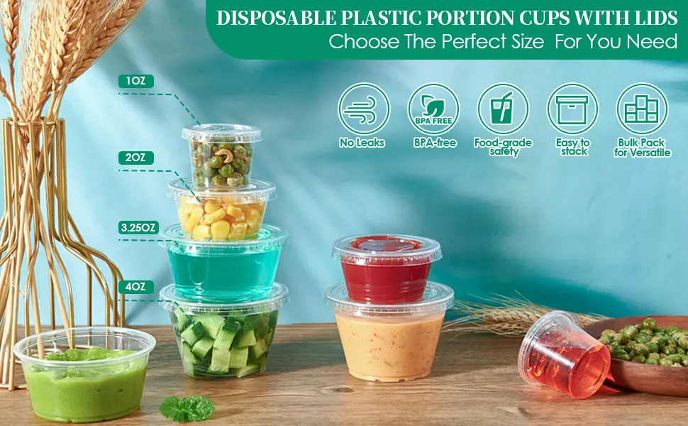 200 Sets - 2 oz. Disposable Plastic Portion Cups with Lids, Small Plastic Condiment Containers for Sauce, 2 oz Jello Shot Cups, Souffle Cups 2 oz - 200 set - 48194