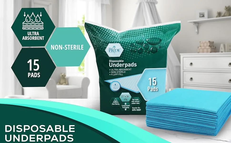 MED PRIDE Disposable Underpads for Incontinence & Bed Protection 15-Pack - Ultra Soft & Absorbent Bed Wetting Protection Pads- 45g Leakproof Pee Pads Bed Liners for Seniors, Adults & Kids- 23x36 - product information 2