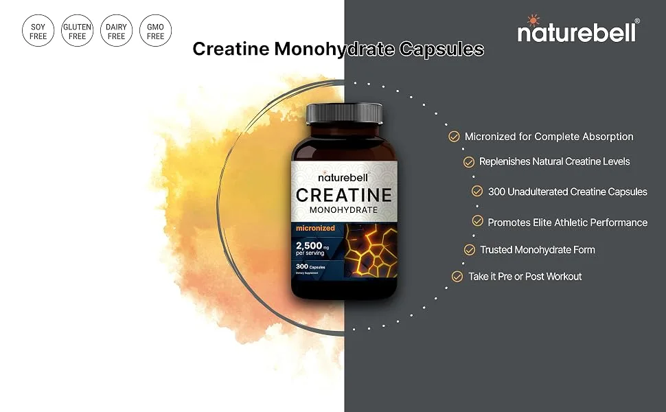 Creatine Monohydrate 3000mg Capsules, 300 Count  Micronized  Unflavored Creatine Pills  Support Pre Workout & Healthy Muscle  Easily Absorbed, Easy to Swallow (60 Servings) - creatine