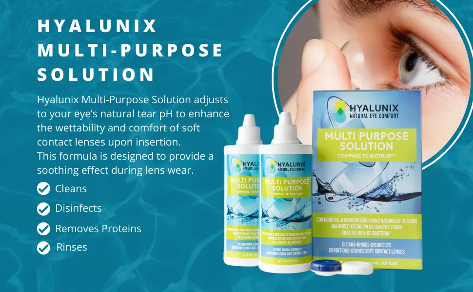 Hyalunix (2 Pack) 12 Fl Oz | (HA) Enhanced for Longer Moisture | Multi Purpose Contact Solution for Contact Lenses | Inspired by Healthy Tears and Containing HA and pH Balanced - Hyalunix - multipurpose contact solution balanced pH to eyes tears like bio true - lens solution