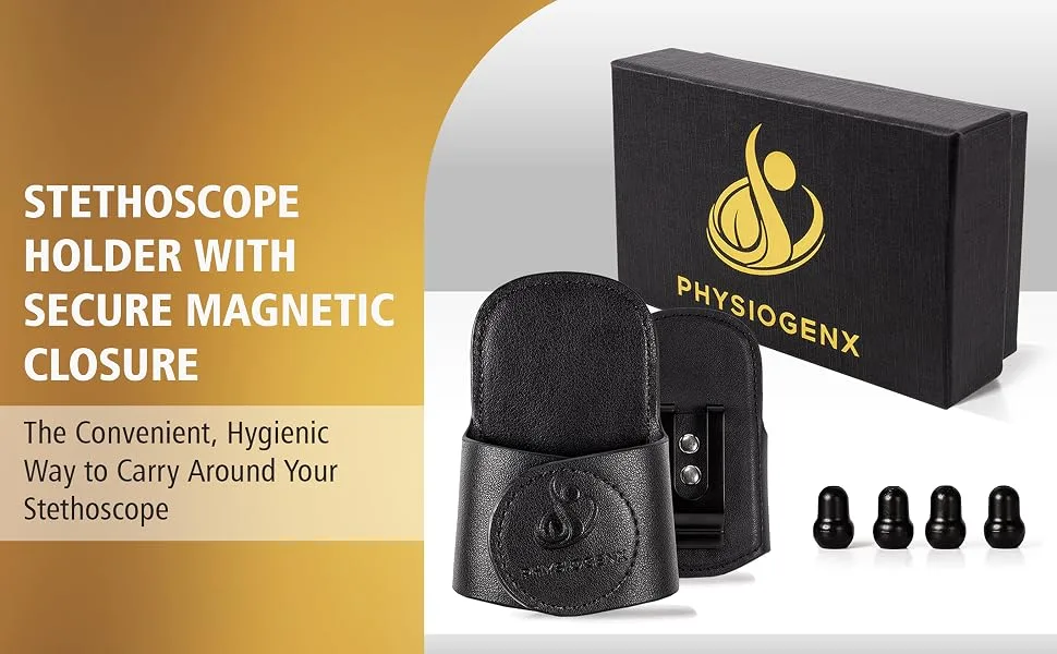Stethoscope Holder Hip Clip With Upgraded Secure Magnetic Closure - Our Hygienic Stethoscope Clip is Designed to Hold All Brands & Styles - Includes Replacement Stethoscope Ear Tips (Black) - The Convenient, Hygienic Way to Carry Around Your Stethoscope