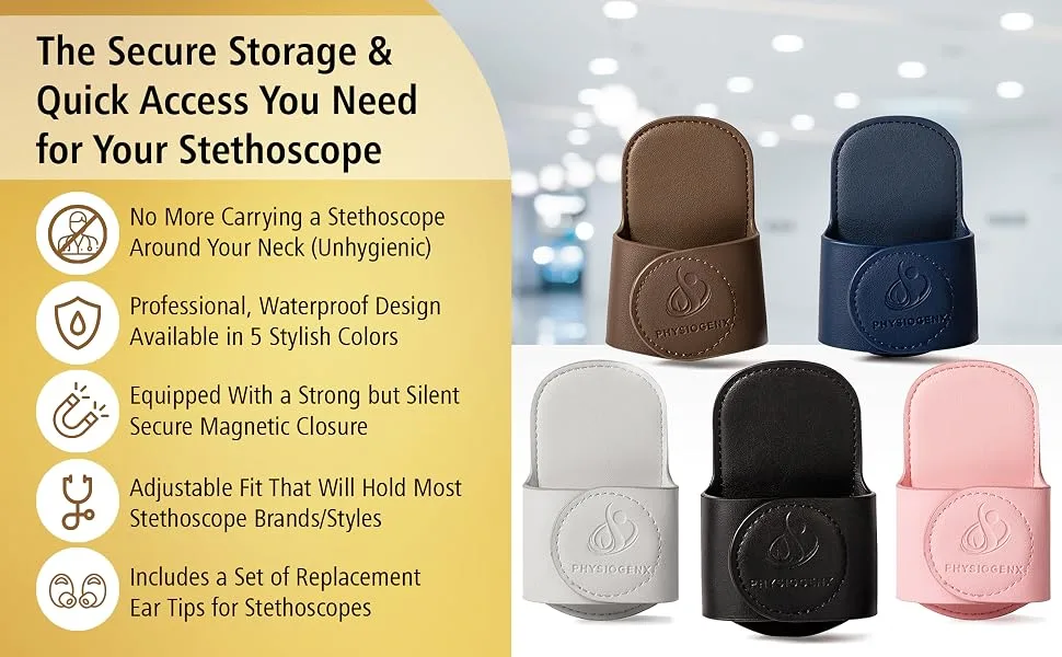 Stethoscope Holder Hip Clip With Upgraded Secure Magnetic Closure - Our Hygienic Stethoscope Clip is Designed to Hold All Brands & Styles - Includes Replacement Stethoscope Ear Tips (Black) - The Secure Storage & Quick Access You Need for Your Stethoscope