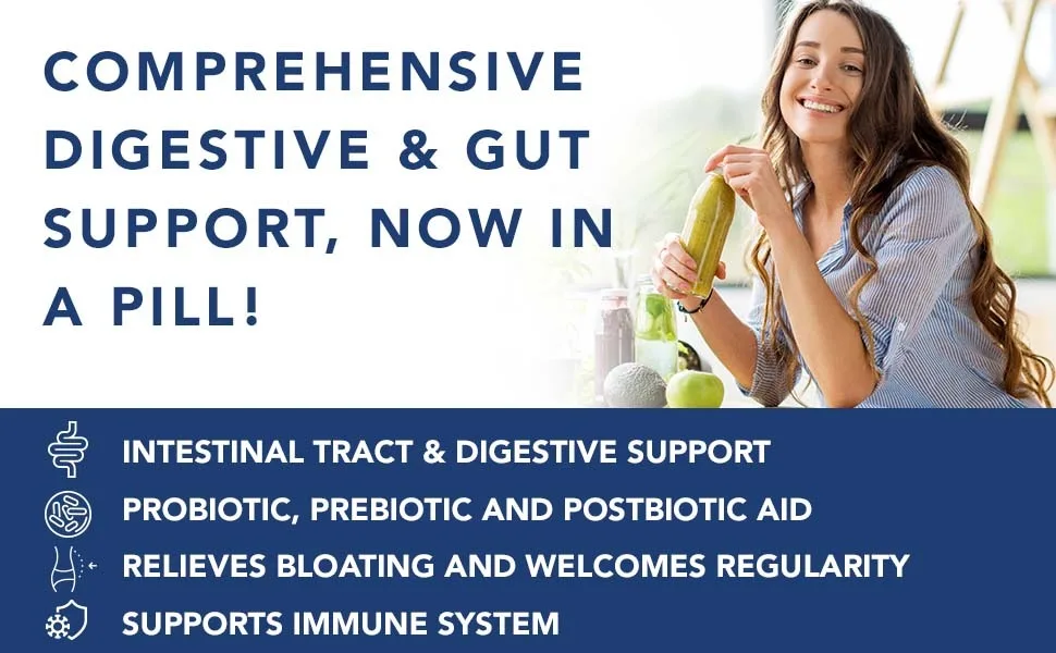 4-in-1 Prebiotic Probiotic & Postbiotic for Women & Men, Complete Gut & Digestive Support Supplement, Pre Post Probiotics & Digestive Enzymes 60 Capsules - probiotics