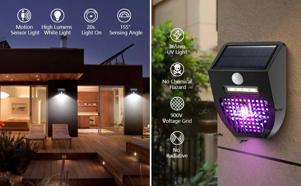 Bug Zapper Outdoor, 2 Pack RECHOO 2-in-1 Solar Bug Mosquito Zapper, Solar Outdoor Lights with Motion Sensor, Waterproof Solar Powered Mosquito Fly Zapper Killer Trap for Outdoor Use - bug zapper