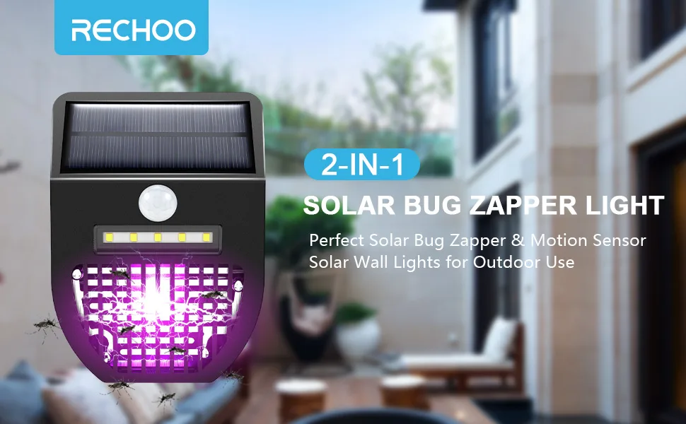 Bug Zapper Outdoor, 2 Pack RECHOO 2-in-1 Solar Bug Mosquito Zapper, Solar Outdoor Lights with Motion Sensor, Waterproof Solar Powered Mosquito Fly Zapper Killer Trap for Outdoor Use - solar bug zapper
