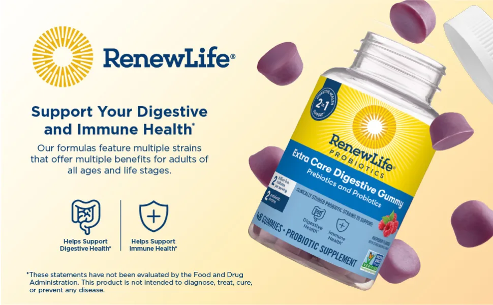 Renew Life Probiotic Gummies, Extra Care Digestive & Immune Support, with Prebiotics and Probiotics, 2 Billion CFU, Vegan & Gluten Free, 48 Gummies 2 Billion CFU 48 Gummies - image