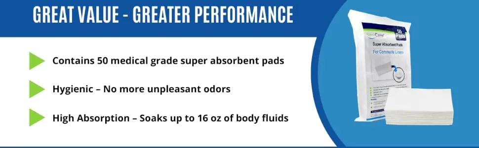 SaniCare Super Absorbent Pads for Commode Liners  Pack of 50 Medical Grade Pads  Use in Standard Bedside Commode and Bedpan Liners  Odor-Free  No Leaks  Never Clean a Commode Again  by Cleanis - sanicare pads