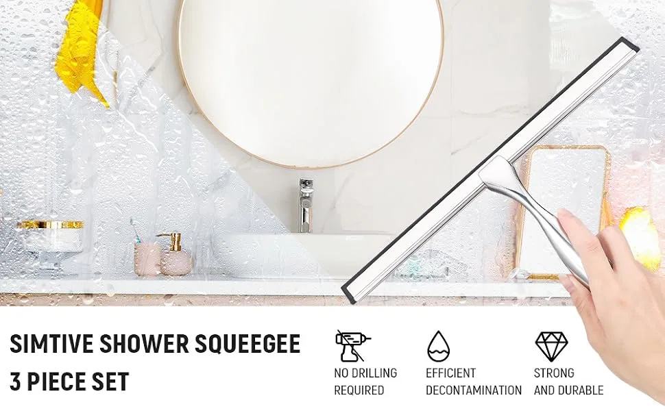 Simtive 10-Inch Shower Squeegee Set, Includes Shower Door Hook and Adhesive Hook, Squeegee for Shower Doors, Mirror and Window, Silver Silver 10-Inch - header
