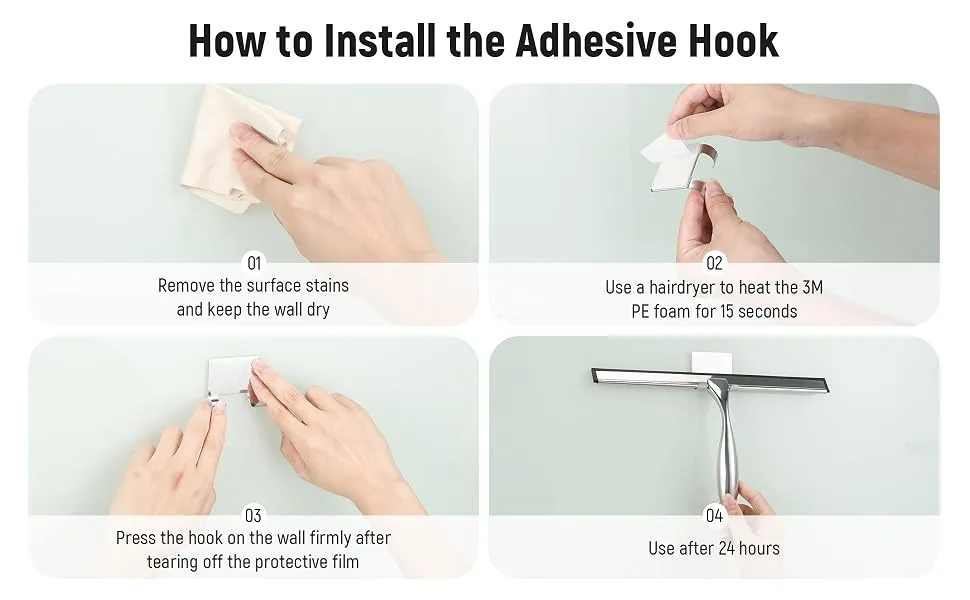 Simtive 10-Inch Shower Squeegee Set, Includes Shower Door Hook and Adhesive Hook, Squeegee for Shower Doors, Mirror and Window, Silver Silver 10-Inch - use steps