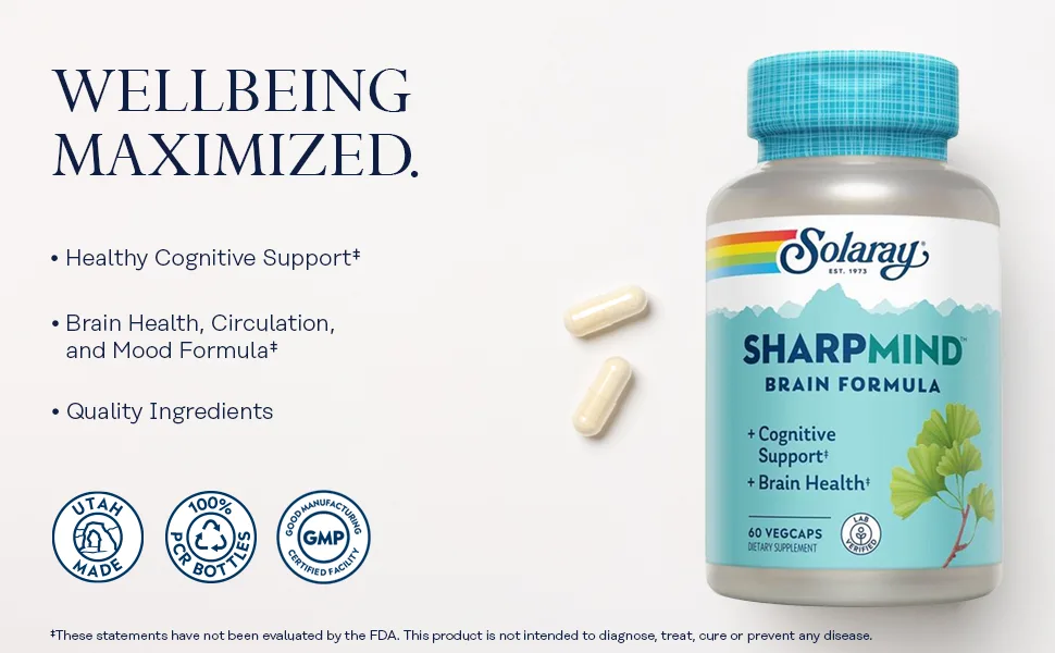 SOLARAY SharpMind, Cognitive Support Formula | with Ginkgo Leaf, L-Dopa, Huperzine A & More for Healthy Brain, Mood & Memory Support | 60 VegCaps - herb brain memory supplement focus pills neuro capsules support clear function cognitive health