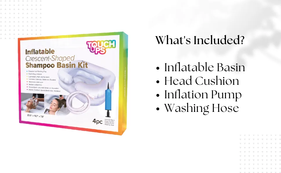 TouchUps Inflatable Crescent-Shaped Shampoo Basin Kit with Included Inflation Pump, Pillow, and Washing Hose for Elderly, Disabled, Injured, Bedridden, Handicap - inflatable basin