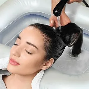 TouchUps Inflatable Crescent-Shaped Shampoo Basin Kit with Included Inflation Pump, Pillow, and Washing Hose for Elderly, Disabled, Injured, Bedridden, Handicap - rinsing hair