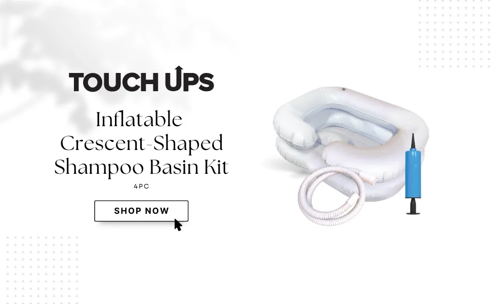 TouchUps Inflatable Crescent-Shaped Shampoo Basin Kit with Included Inflation Pump, Pillow, and Washing Hose for Elderly, Disabled, Injured, Bedridden, Handicap - shampoo basin kit