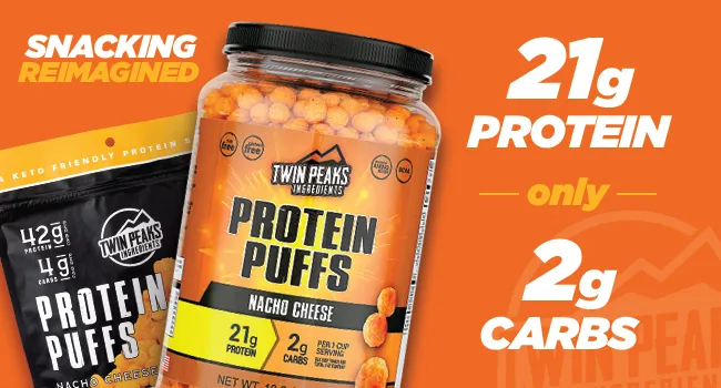Twin Peaks Low Carb, Keto Friendly Protein Puffs, Nacho Cheese 2 Servings, 3 Pack (60g, 42g Protein, 4g Carbs) - protien