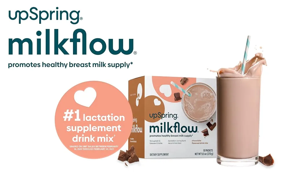 UpSpring Milkflow Lactation Supplement Drink Mix  Milk Lactation Supplement to Support Breast Milk Production with Fenugreek and Blessed Thistle, Chocolate Flavor, 18 Servings (FG0070-03) Chocolate 18ct - milkflow