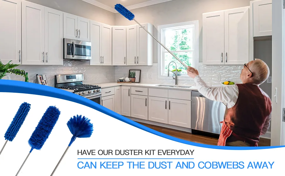 Microfiber Dusters w 2 Handle Sets, Durable 15100 Inchs Long Telescopic Rod, Washable, Feather Dusters for Cleaning Cobweb, Ceilings Fans (5 Pack) Blue - Perfect high dust solution