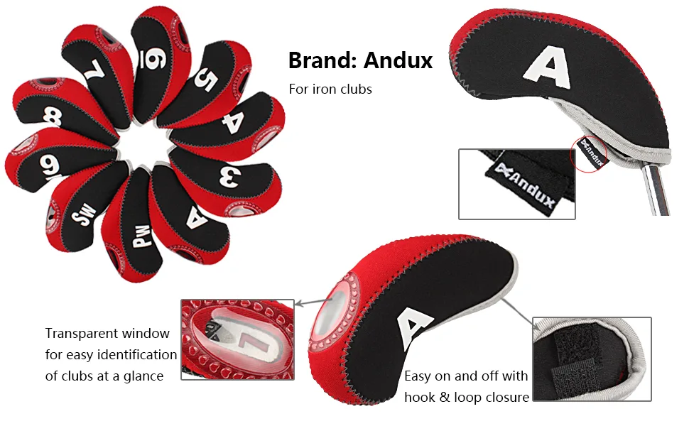 Andux Number Print Golf Iron Club Head Covers with Transparent Window 10pcs/Set Black/pink - product information 9