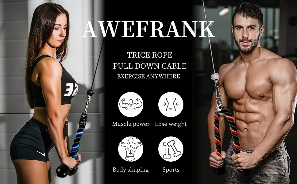 AWEFRANK Deluxe Tricep Rope Pull Down Cable, 27 & 36 Inch Rope Length, Easy to Grip & Non-Slip Cable Attachment for Gym Workout Exercise Blue&Black-27'' - trice rope