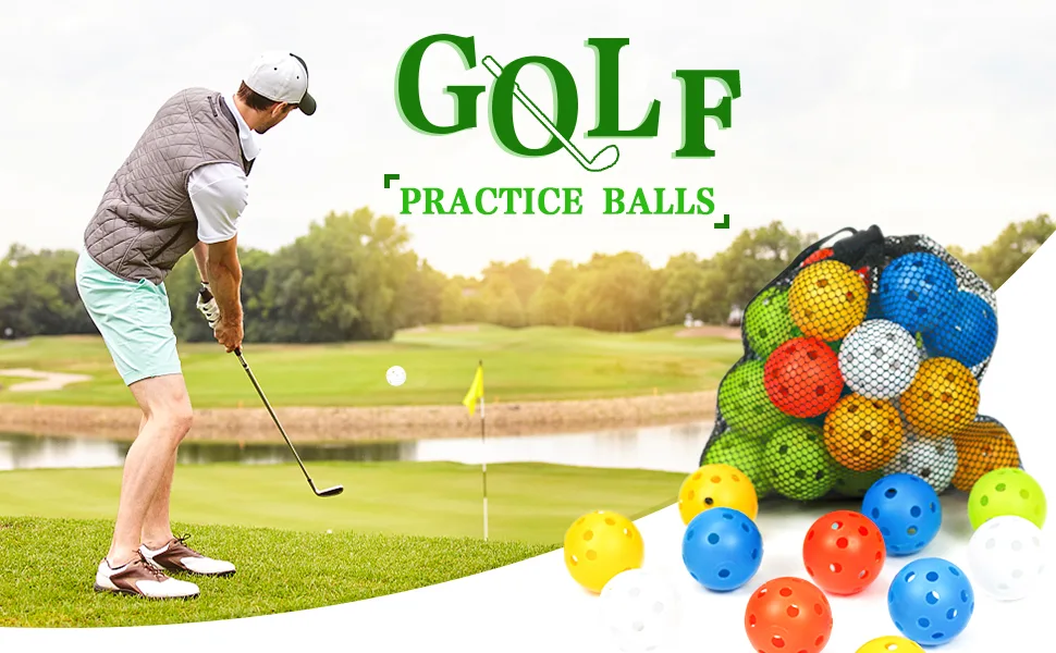 50 Pack Plastic Golf Balls Practice Limited Flight Golf Training Ball Hollow Swing Practice Indoor Golf Balls with Mesh Drawstring Bag for Backyard Driving Range or Outdoor Green - golf practice balls