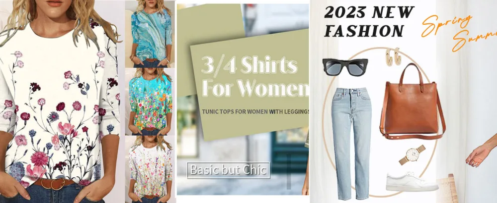 Women Summer Tops Spring Printed T Shirts Mid-Length 3/4 Sleeves V-Neck Blouses Tees Casual Loose Pullover XX-Large Blue - product information 22
