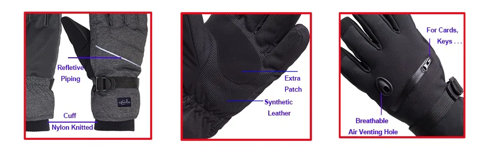 CAMYOD Waterproof Ski Snowboard Gloves with 3M Thinsulate,Zipper Pocket, Air Vent, Cold Weather Gloves for Men Medium Reflective Piping - Details 970-300