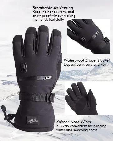 CAMYOD Waterproof Ski Snowboard Gloves with 3M Thinsulate,Zipper Pocket, Air Vent, Cold Weather Gloves for Men Medium Reflective Piping - ski gloves