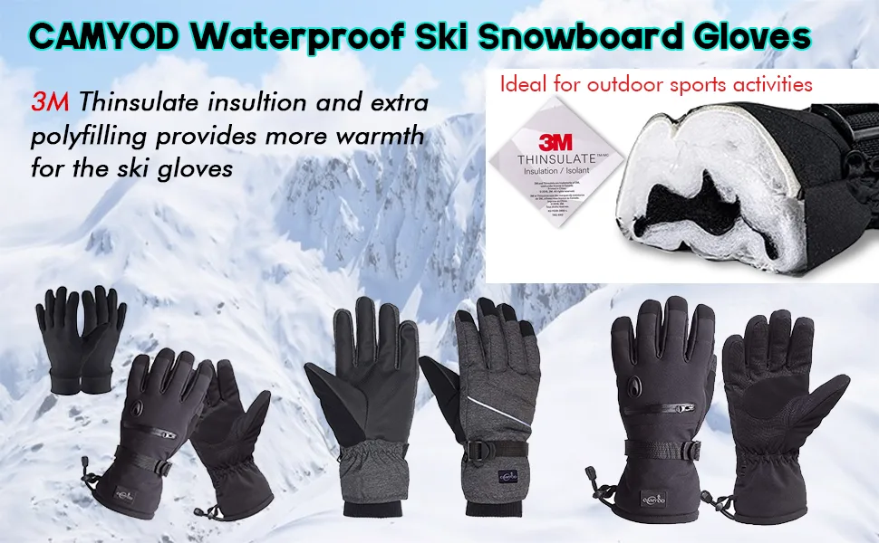 CAMYOD Waterproof Ski Snowboard Gloves with 3M Thinsulate,Zipper Pocket, Air Vent, Cold Weather Gloves for Men Medium Reflective Piping - snow glove