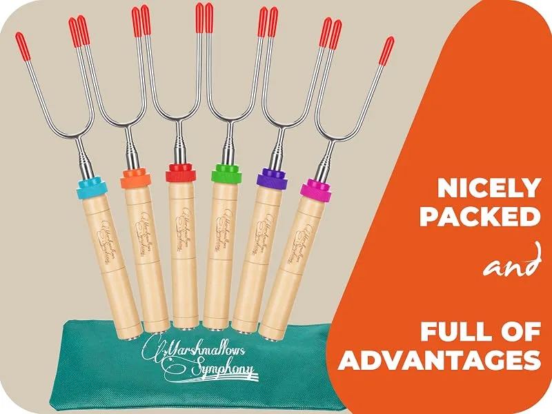 CARPATHEN Campfire Sticks for Marshmallows and Hot Dogs - Rotating Marshmallow Roasting Sticks Set of 6 Extra Long Retractable Forks for Fire Pit & Fireplace - Camping Accessories - Carpathen Retractable Marshmallow Roasting Sticks - Glamping Accessories