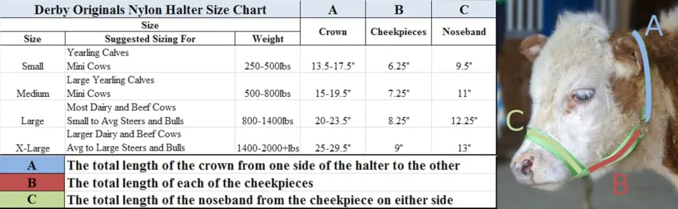 Derby Originals Adjustable Nylon Livestock Cattle Halters Available Large (800-1400lbs) Red - cattle halter size chart
