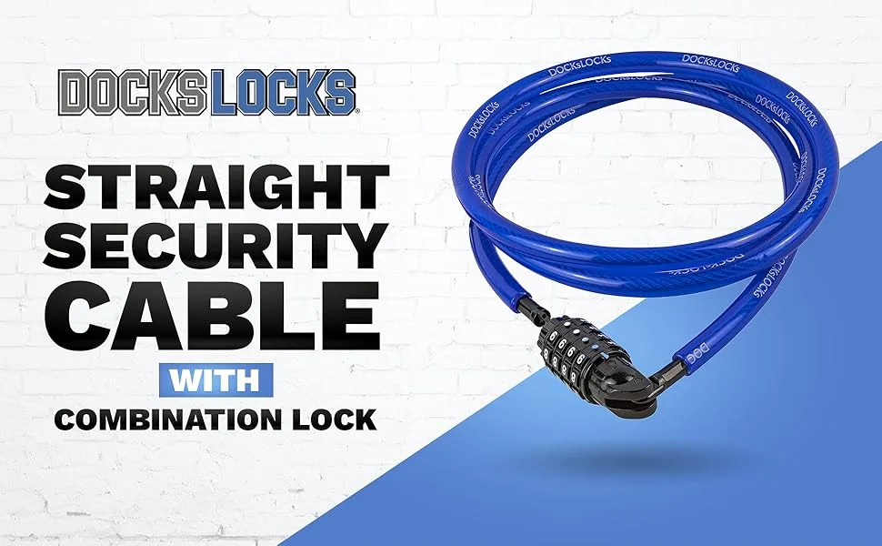 DocksLocks Anti-Theft Weatherproof Straight Security Cable with Resettable Combination Lock for Kayaks, Bicycles, Paddleboards, Equipment and More 5ft - DocksLocks 360 Banner 1