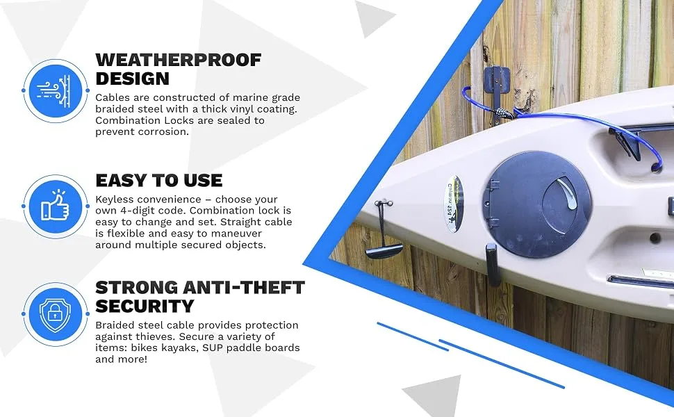 DocksLocks Anti-Theft Weatherproof Straight Security Cable with Resettable Combination Lock for Kayaks, Bicycles, Paddleboards, Equipment and More 5ft - DocksLocks 360 Banner 2