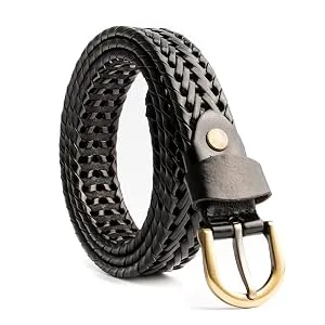 ECHAIN Women Braided Woven Genuine Leather Narrow Belt 25mm Wide Brown waist:35-40 - ECHAIN