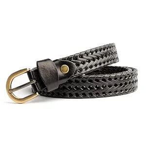 ECHAIN Women Braided Woven Genuine Leather Narrow Belt 25mm Wide Brown waist:35-40 - ECHAIN