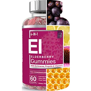 Essential Elements Elderberry Gummies for Adults - 4-in-1 Immune Support Formula with Sambucus nigra  Vitamin C  Echinacea  Propolis Extract 60 Count 60 Count (Pack of 1) - elderberry, gummies, ingredients, immunity