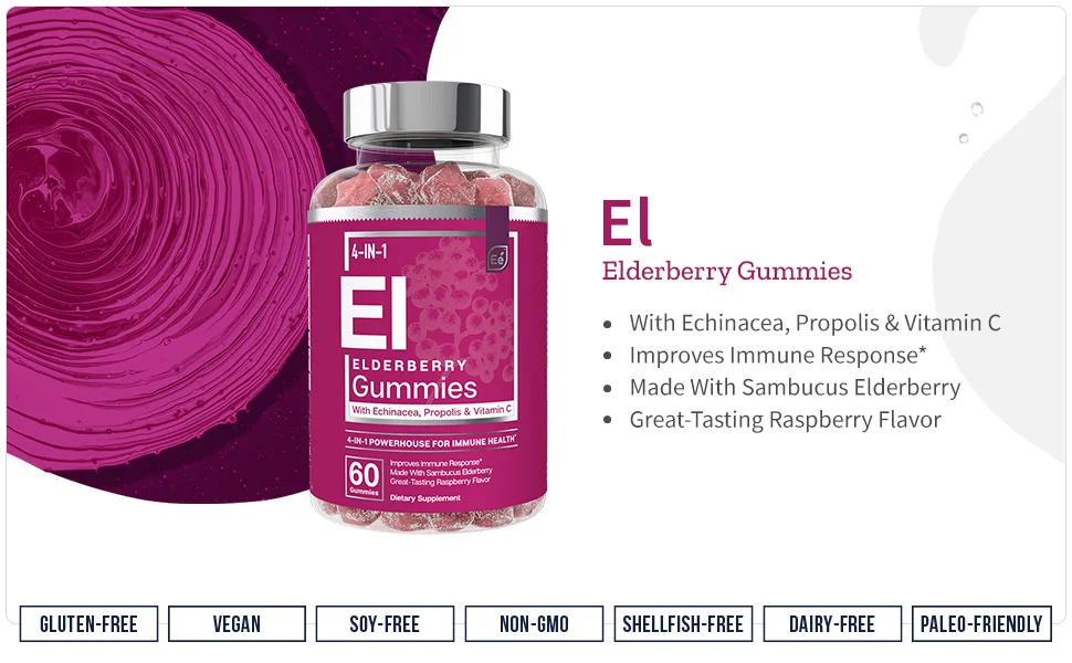 Essential Elements Elderberry Gummies for Adults - 4-in-1 Immune Support Formula with Sambucus nigra  Vitamin C  Echinacea  Propolis Extract 60 Count 60 Count (Pack of 1) - sambucus elderberry gummies, immune booster