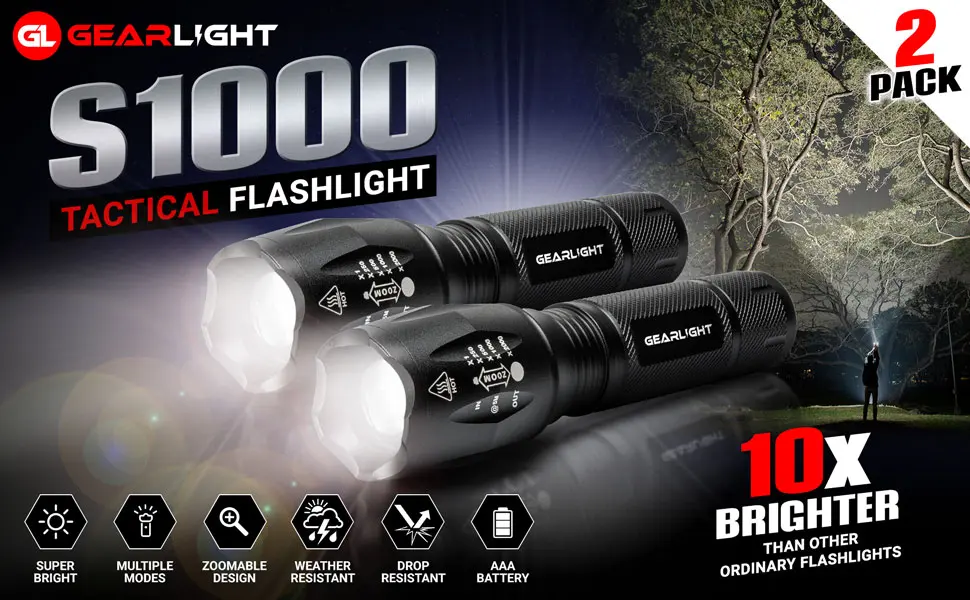 GearLight LED Flashlight 2pack Bright, Zoomable Tactical Flashlights with High Lumens and 5 Modes for Emergency and Outdoor Use, Camping Accessories -S1000 LED 2 Pack - S1000 2 pack