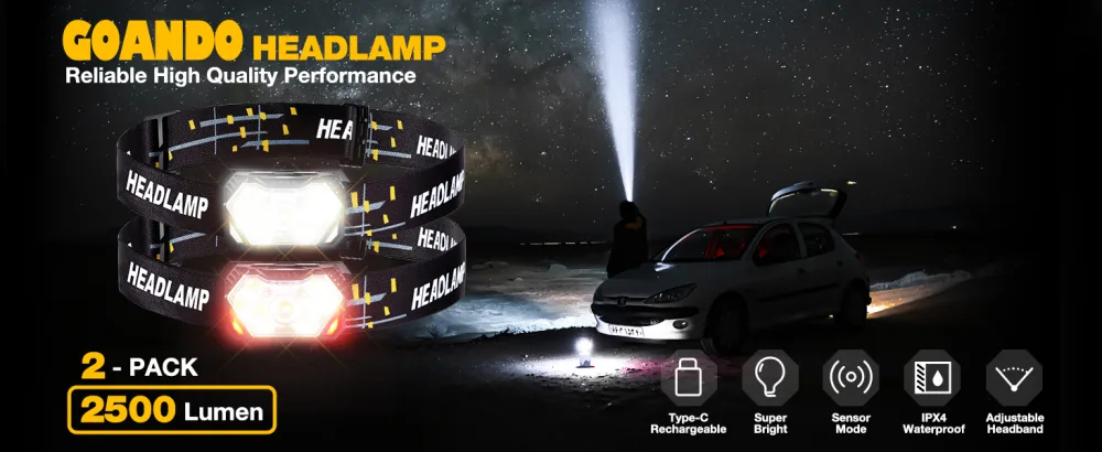 GOANDO Headlamp Rechargeable 2500 Lumen LED Head Lights for Forehead 2 Pack Bright Head Lamp with Red Light Sensor Mode Waterproof Flashlights Running Lights for Running Cycling Working Camping - headlamp