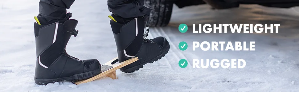 JobSite Boot Jack - Wood Boot Remover - Extra Wide Boot Puller for Taking off Boots 1 Pack - Person using boot puller on snowboard boots in front of car